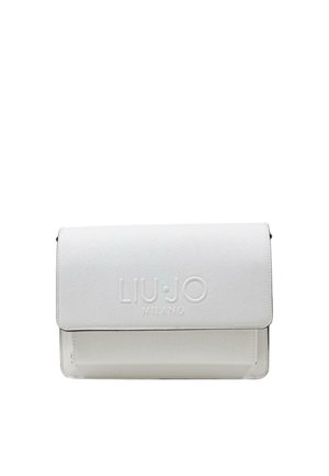 Borsa a tracolla bianca in ecopelle con chiusura a pattina, logo goffrato "LIU JO MILANO", forma rettangolare e superficie testurizzata.