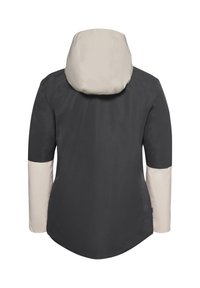 Giacca resistente all'acqua di colore grigio scuro con cappuccio e maniche grigio chiaro. Presenta un design elegante e un orlo posteriore più lungo.