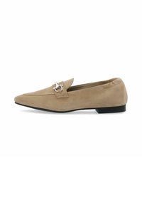Beige suede loafers with a pointed toe and silver hardware accent. Features a flat black sole and elasticized collar for a snug fit.