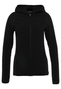 Black hooded jacket featuring a zip front, textured fabric with chevron patterns, long sleeves, and side pockets.