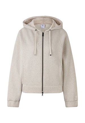 Světle šedá mikina na zip s měkkou strukturou, s kapucí na šňůrku a bočními kapsami. Obsahuje elastické manžety a lem, které zajišťují těsný střih.