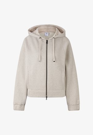 Jasnoszara bluza rozpinana z miękką fakturą, z kapturem na sznurki i bocznymi kieszeniami. Posiada ściągacze na rękawach i u dołu, co zapewnia dopasowane wykończenie.