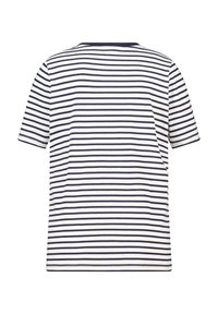 Korte mouwen t-shirt met marineblauwe en witte horizontale strepen, ronde hals, zachte katoen stof en een relaxte pasvorm.
