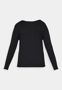 Black knitted sweater with long sleeves, wide neckline, and a textured pattern. The back is plain, showcasing a relaxed fit.