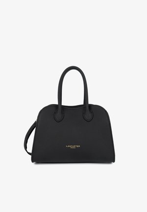Zwarte lederen handtas met afgeronde bovenkant, dubbele handvatten en goudkleurig "LANCASTER PARIS" logo in het midden aan de voorkant.