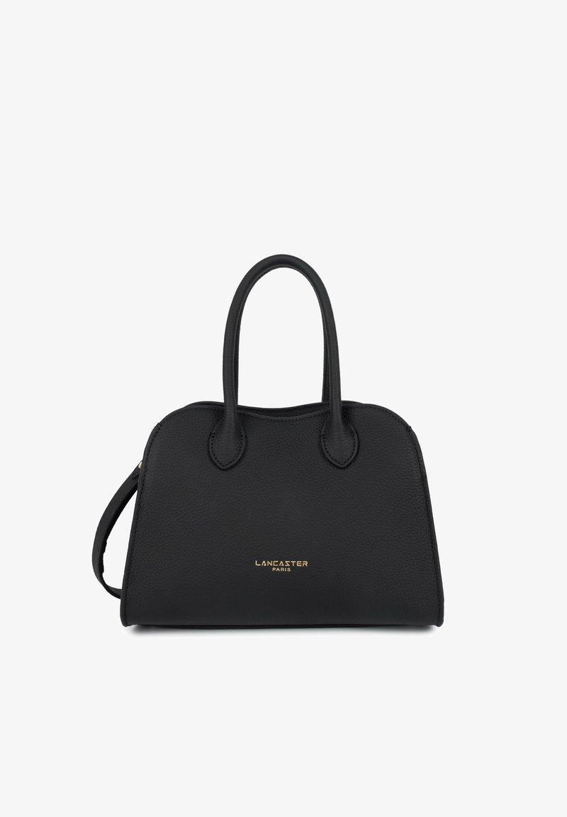 Sac à main en cuir noir avec haut arrondi, double poignées et logo doré "LANCASTER PARIS" centré sur le devant.