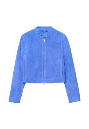 Koboltblå cropped jakke i ruskind med lange ærmer, rund hals, sølv lynlås foran og lukning med trykknapper.