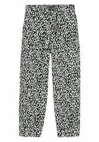 Schwarz-weiße gemusterte Hose mit verstellbarem Bund, weitem Bein-Design und weichem Stoff mit verstreutem Punktmuster.