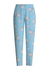 Lichtblauwe broek met een patroon van verschillende luchtballonnen in pasteltinten. Elastische tailleband, zachte textuur, taps toelopend ontwerp.