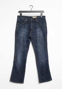 Pantalones vaqueros de mezclilla azul oscuro con diseño de pierna recta, con un sutil desgaste, cinco bolsillos y costuras en contraste, mostrados en una percha.