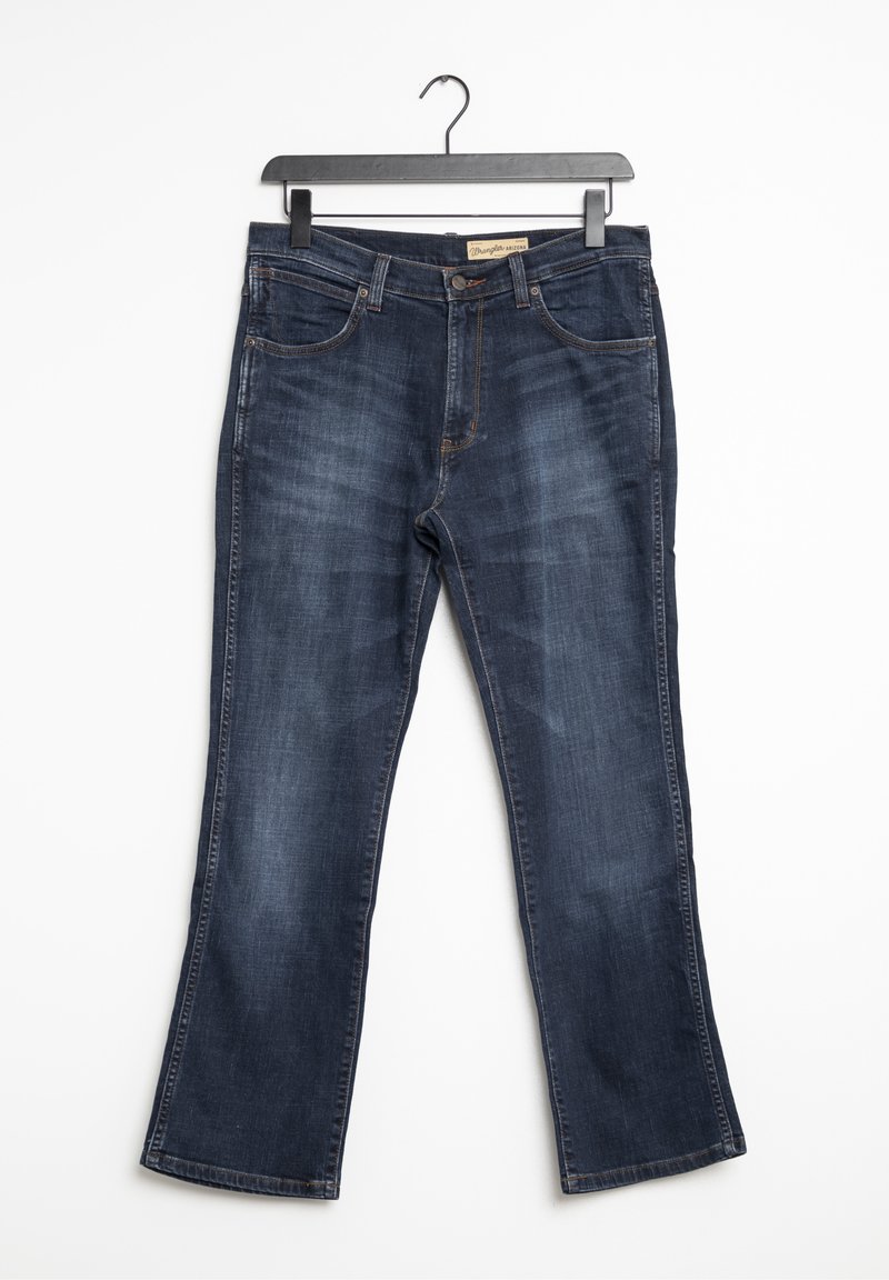 Pantalones vaqueros de mezclilla azul oscuro con diseño de pierna recta, con un sutil desgaste, cinco bolsillos y costuras en contraste, mostrados en una percha.