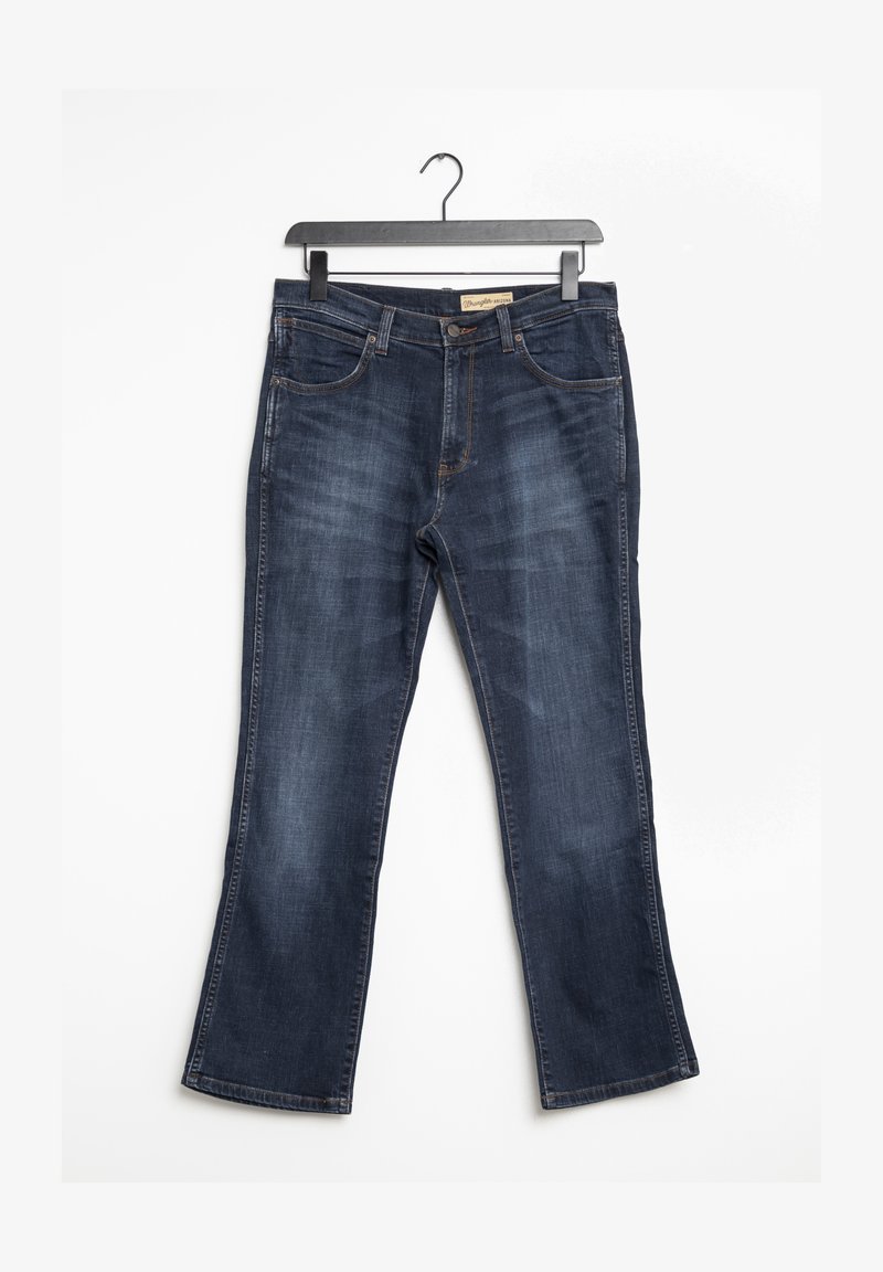 Pantalones vaqueros de mezclilla azul oscuro con diseño de pierna recta, con un sutil desgaste, cinco bolsillos y costuras en contraste, mostrados en una percha.