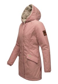 Pink insulated jacket with a hood, faux fur lining, front zipper, side pockets, and a leather patch with a logo on the sleeve.