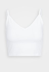 Witte katoenen crop top met een V-hals ontwerp en dunne verstelbare bandjes. Glad oppervlak zonder patronen of versieringen.