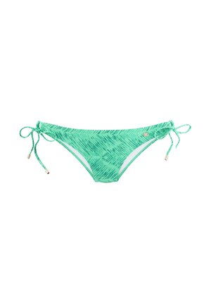 Grüner gemusterter Bikini-Höschen mit verstellbaren Seitenbändern, versehen mit metallischen Akzenten und einer glatten Textur. Geeignet für Bademode.