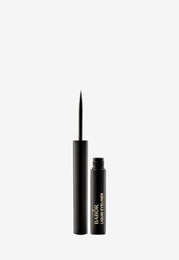 Svart flytande eyeliner i en smal tub med en spetsig applikator. Har guldtext som märker produkten. Slät, matt finish.
