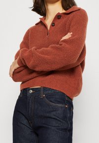 Gebreide trui in roestkleur met een kraag en twee zwarte knopen, gecombineerd met donkere spijkerbroek. De trui heeft een geribbelde structuur.