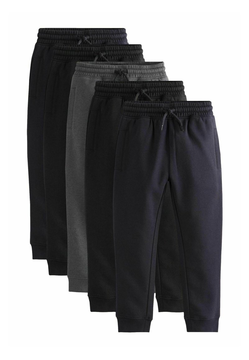 Fünf Paare von Jogginghosen in unterschiedlichen Schattierungen: schwarz, dunkelgrau und hellgrau. Mit elastischem Bund und Kordelzug sowie seitlichen Taschen.