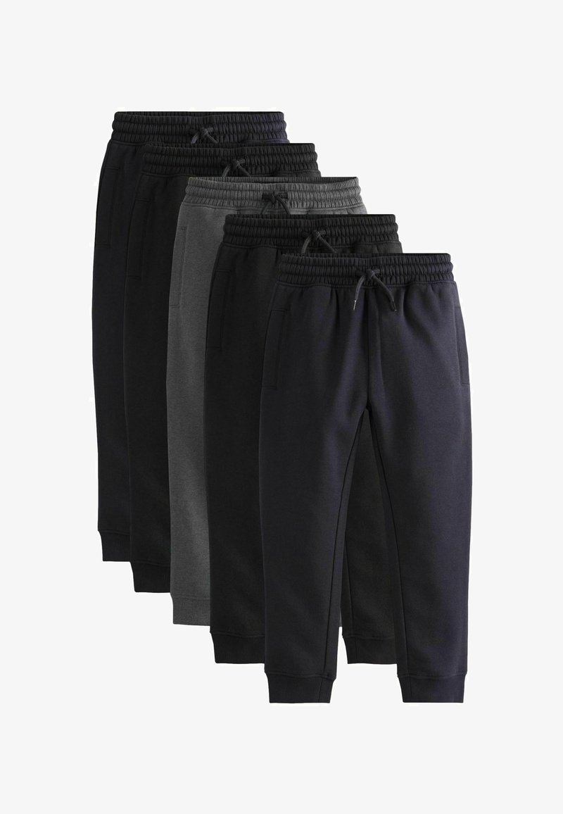Cinque paia di pantaloni jogger casual neri e grigio scuro, disposti in una pila sfalsata con elastici in vita e coulisse.