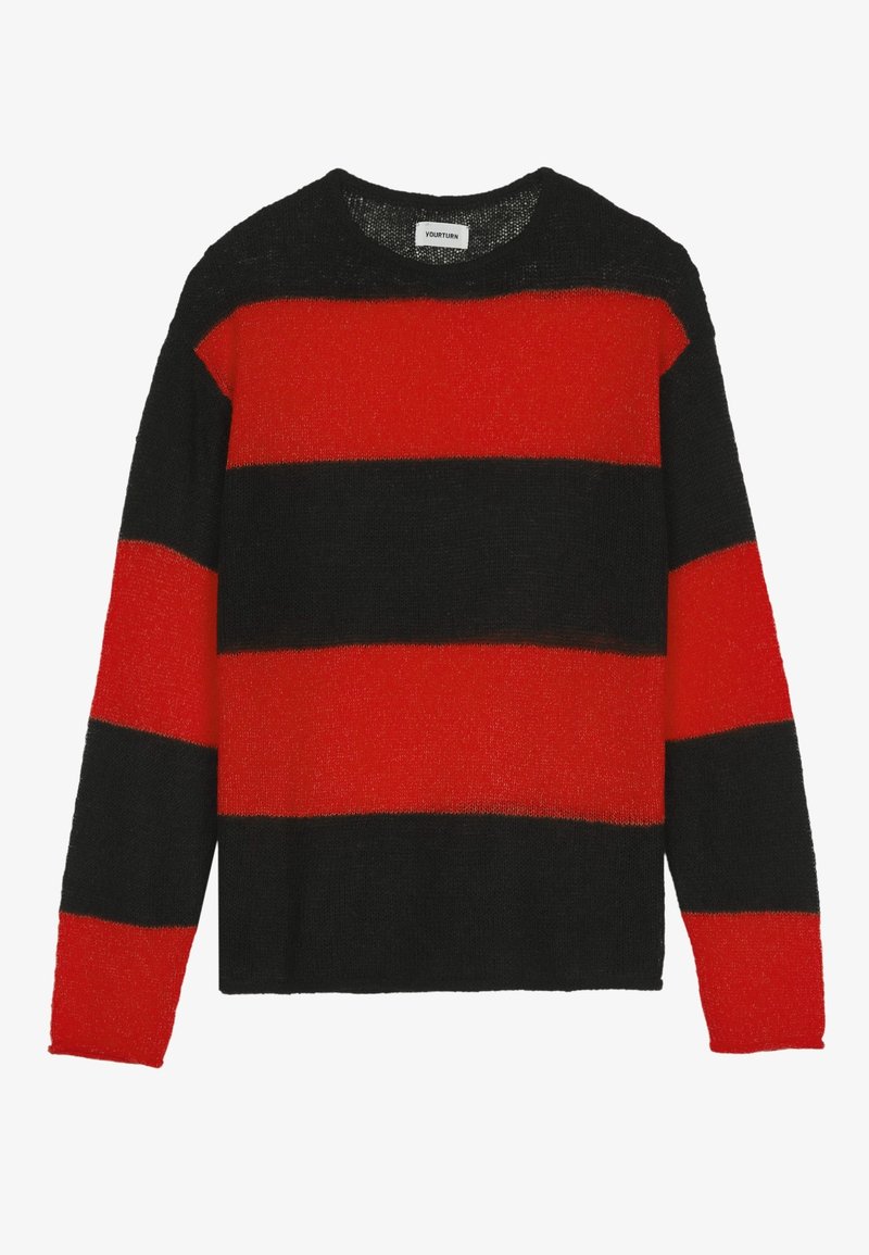 Pull en maille à manches longues avec larges rayures horizontales noires et rouges et un col rond.