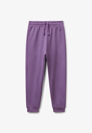 Purple elastic waistband jogger pants with drawstring, ribbed cuffs, and small logo on left hip.