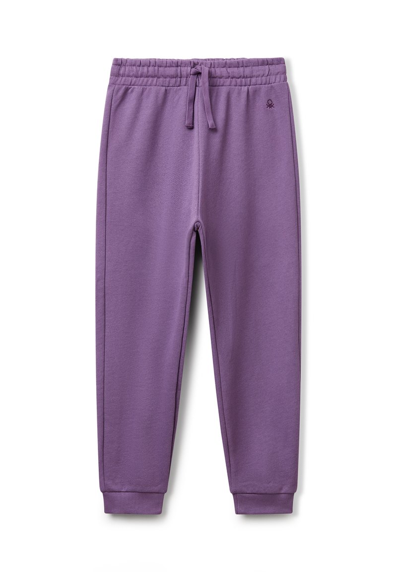 Pantalones jogger de cintura elástica morados con cordón, puños acanalados y pequeño logotipo en la cadera izquierda.