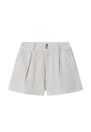 Pantalones cortos blancos con finas rayas verticales azules, dos pinzas delanteras, bolsillos laterales, trabillas para cinturón y dos botones marrones en la cintura.