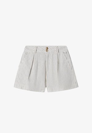 Pantaloncini bianchi con sottili righe verticali blu, due pieghe davanti, tasche laterali, passanti per cintura e due bottoni marroni in vita.
