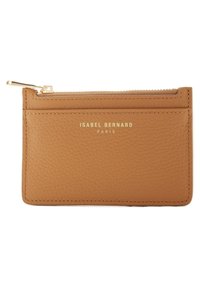 Kartenhalter aus braunem Leder mit Reißverschluss, strukturiertem Oberflächenfinish und goldfarbener Prägung "ISABEL BERNARD PARIS" auf der Vorderseite.