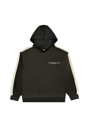 Hooded black sweatshirt with cream side stripes, ribbed cuffs, and elastic hem. Features logo text on the front and a soft texture.