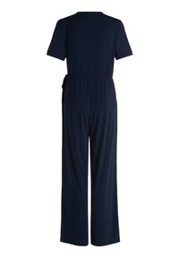 Marineblauwe jumpsuit met korte mouwen, elastische tailleband en wijd uitlopende pijpen. Glad materiaal zonder patronen of zichtbare hardware-details.