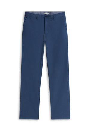 Donkerblauwe rechte broek met knoop- en ritssluiting aan de voorkant, zijzakken en riemlussen.