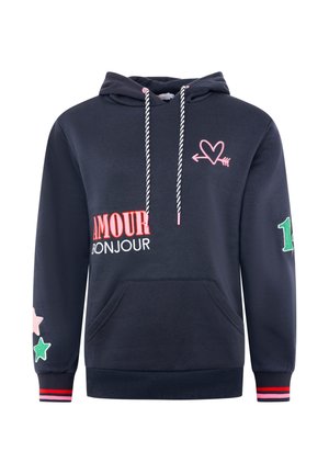 Marineblauer Hoodie mit weißen Kordeln, pinkem Herzpfeil-Grafik, „Amour Bonjour“-Schriftzug, grünen und pinken Stern-Patches an den Ärmeln und gestreiften Bündchen.