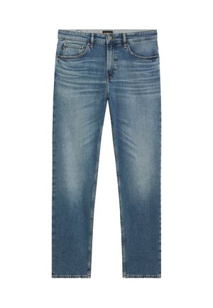 Lichtblauwe denim jeans met een rechte pijp, voorzien van vijf zakken, stikaccenten en lichte vervaging op de pijpen.