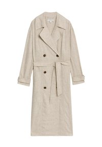 Béžový lněný trench coat s dvojitým zapínáním, velkým límcem a opaskem v pase. Má ohrnuté rukávy a tmavé knoflíkové detaily.