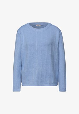 Lichtblauwe gebreide trui met lange mouwen, ronde hals en verticale geribde structuur. Voorzien van een rechte zoom en een logolabel bij de halslijn.