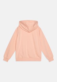 Lys rosa hettegenser med lange ermer, ribbestrikkede mansjetter og hem. Glatt tekstur, uformell design, og ingen synlige mønstre eller aksenter.