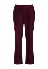 Bordo velour-housut, joissa on suora lahje, joustava vyötärö ja pehmeä pinta. Ei näkyviä taskuja tai koristeita.