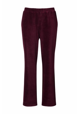 Bordeauxfarbene Velourhose mit geradem Bein, elastischem Bund und weicher Textur. Keine sichtbaren Taschen oder Verzierungen.