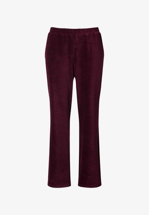 Bordo velour-housut, joissa on suora lahje, joustava vyötärö ja pehmeä pinta. Ei näkyviä taskuja tai koristeita.