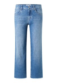 Lichtblauwe cropped jeans van denim met een rechte pasvorm, ruwe zoom en een klassieke vijfzakkenontwerp. De textuur lijkt glad en iets vervaagd.