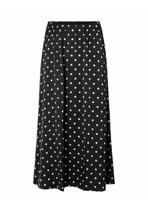 Gonna nera a pois con un design fluido, caratterizzata da pois bianchi, vita elastica, taglio a metà lunghezza e texture liscia.