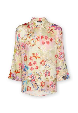 Langarm-Hemd mit Knopfleiste und mehrfarbigen Blumen- und Paisley-Mustern in Rot, Pink, Blau, Gelb und Grün auf hellem Hintergrund.