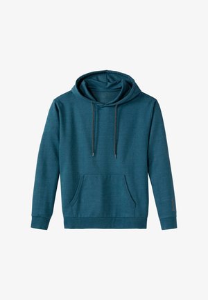 Türkisfarbener Kapuzenpullover aus weichem Stoff, mit Kängurutasche, Kordelzug und gerippten Bündchen sowie einem kleinen Markenlogo auf dem Ärmel.