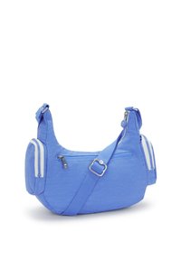 Piccola borsa a tracolla blu con tracolla regolabile, tasca frontale con cerniera e due scomparti laterali con cerniera, su uno sfondo bianco.