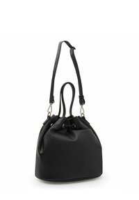 Schwarze Leder-Eimer-Handtasche mit strukturierter Oberfläche, gerafftem Oberverschluss und verstellbaren Trägern. Mit silberfarbenen Hardware-Details.