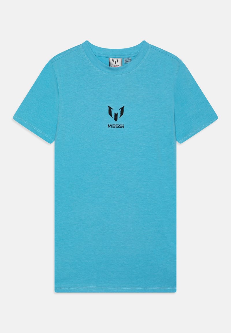 Šviesiai mėlyna trumpa rankovė marškinėlių su minkšta medžiaga, kuriuose ant krūtinės pavaizduotas juodas "MESSi" logotipas ir emblema. Apvalaus kaklo dizainas.