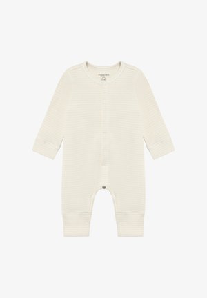 Roomkleurige babyrompertje gemaakt van zachte stof, met lange mouwen, knoopsluiting aan de voorkant en subtiele horizontale strepen.
