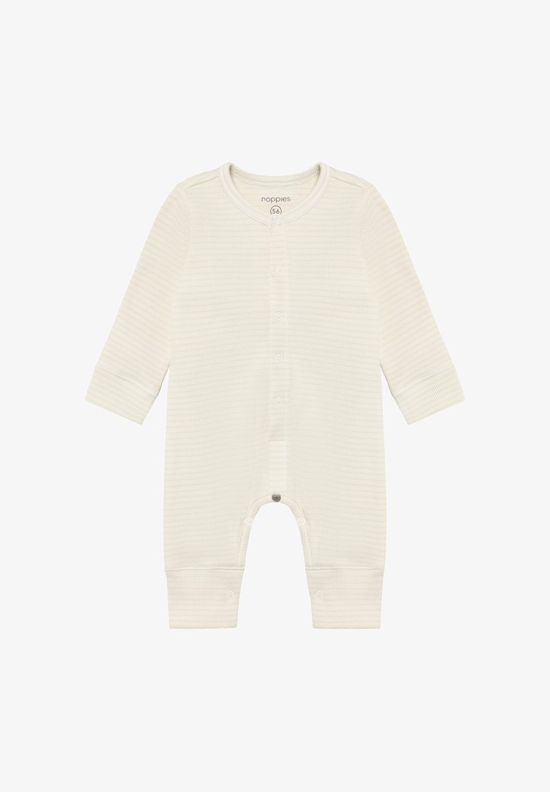 Cream-colored baby onesie made from soft fabric, featuring long sleeves, button front closure, and subtle horizontal stripes.