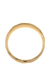 Gold-tone bangle with a wavy edge design, featuring a smooth interior and textured outer surface. Simple, circular shape, lightweight material.